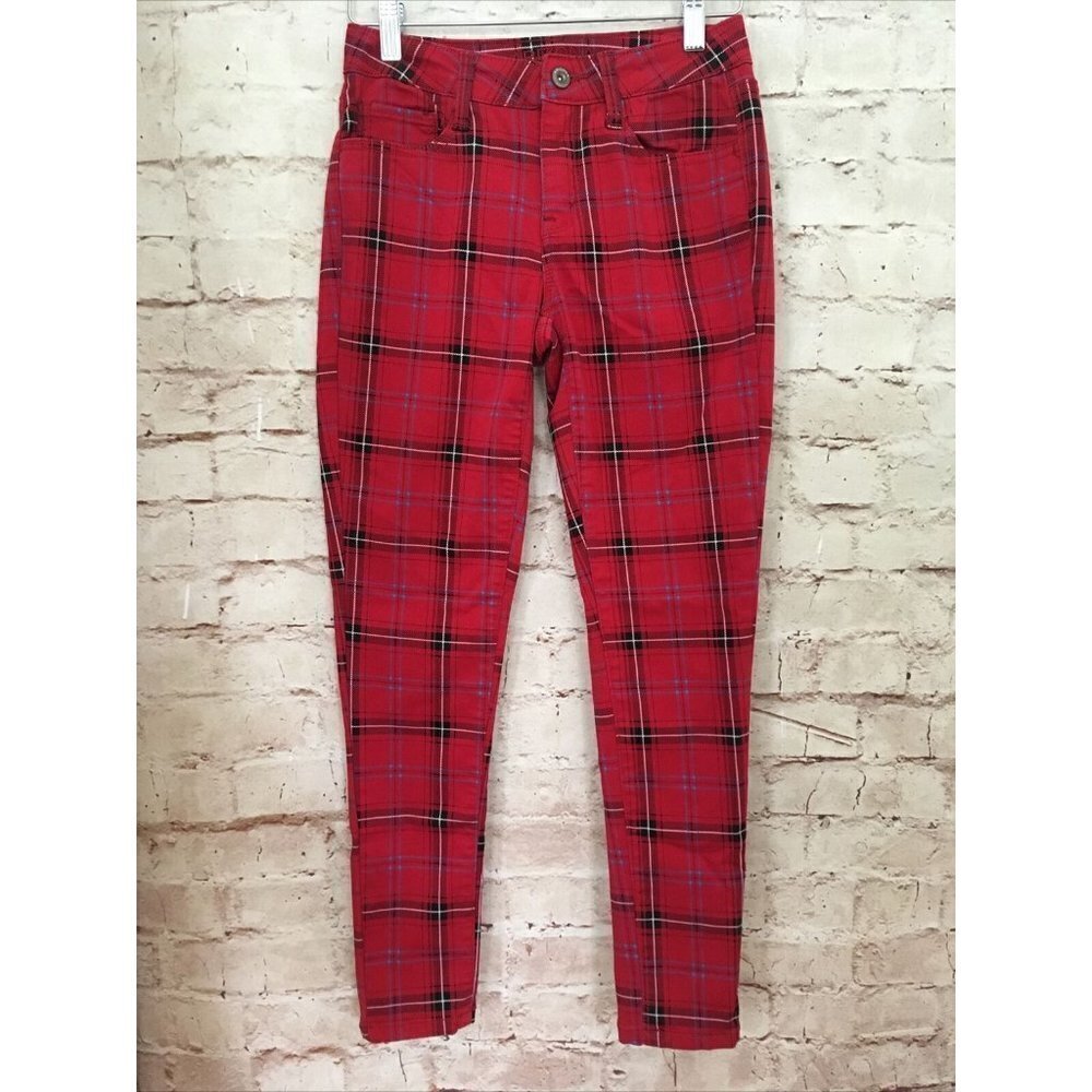 Arizona Jeans Co. Womens Red Black Plaid Skinny Jeans Stretch Twill Size 0